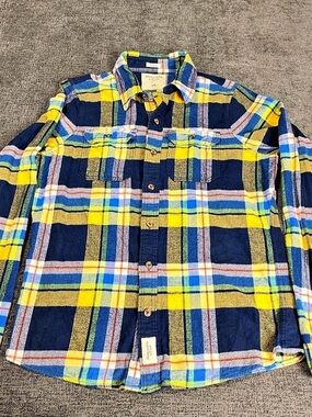 Abercrombie & Fitch Muscle Y2K Flannel Shirt Blue Yellow Plaid Cotton Size 2XL